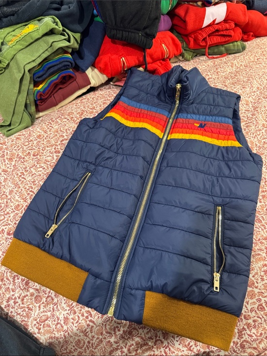 Aviator Nation Jackets & Blazers - Navy Puffer Vest with Rainbow Stripes - Cozy Layering